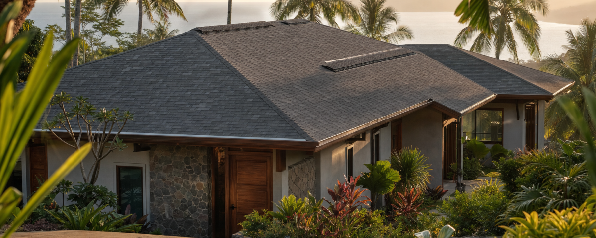 Casa costera con techo TAMKO Heritage Slate Grey y palmeras