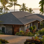 Casa costera con techo TAMKO Heritage Slate Grey y palmeras