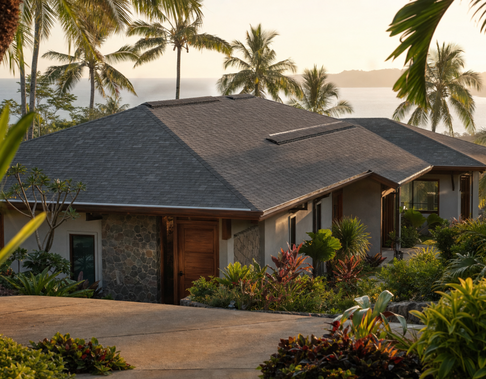 Casa costera con techo TAMKO Heritage Slate Grey y palmeras