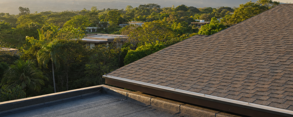 Foto editorial: vivienda con techo de teja asfáltica y sección de manto