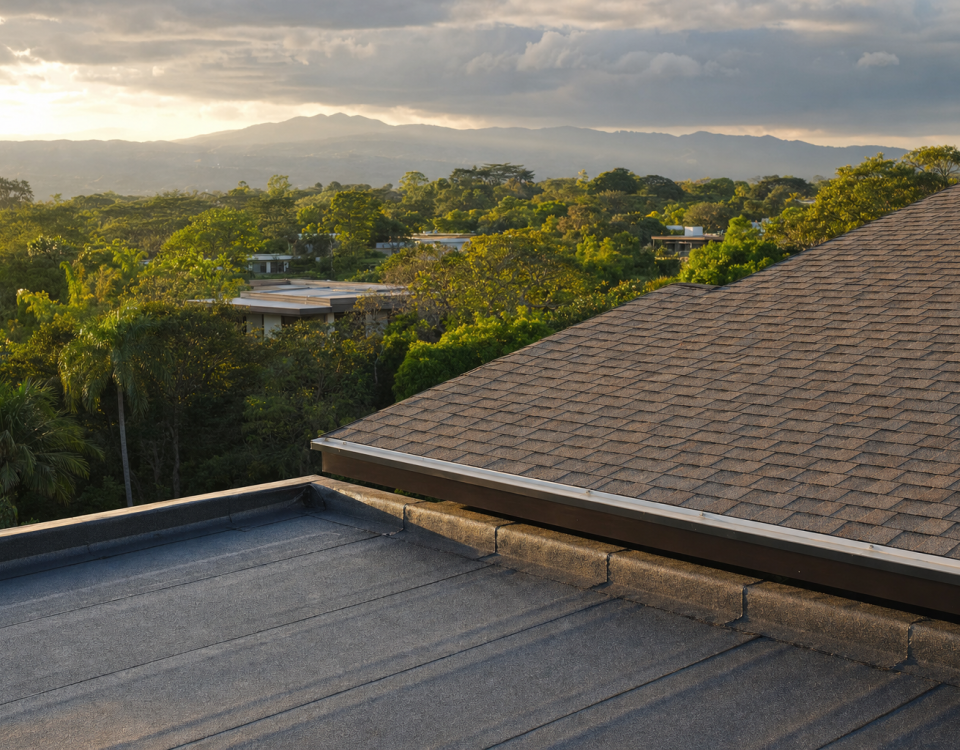Foto editorial: vivienda con techo de teja asfáltica y sección de manto