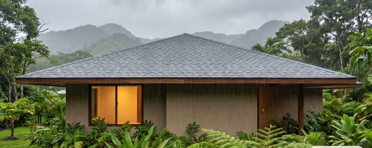 Casa moderna de aleros amplios bajo la lluvia