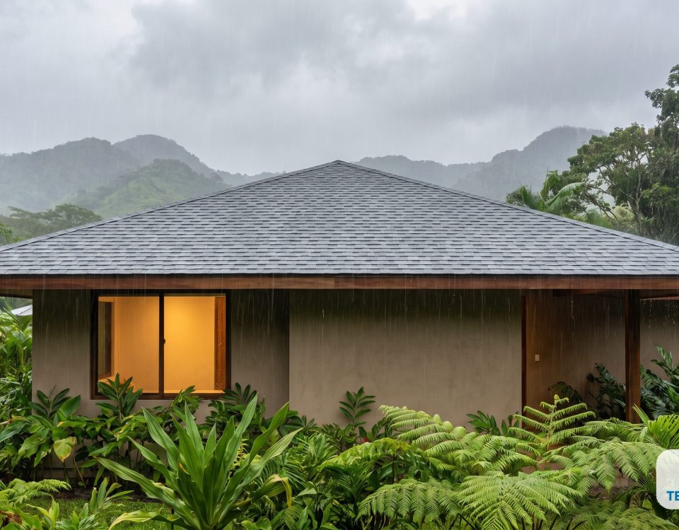 Casa moderna de aleros amplios bajo la lluvia